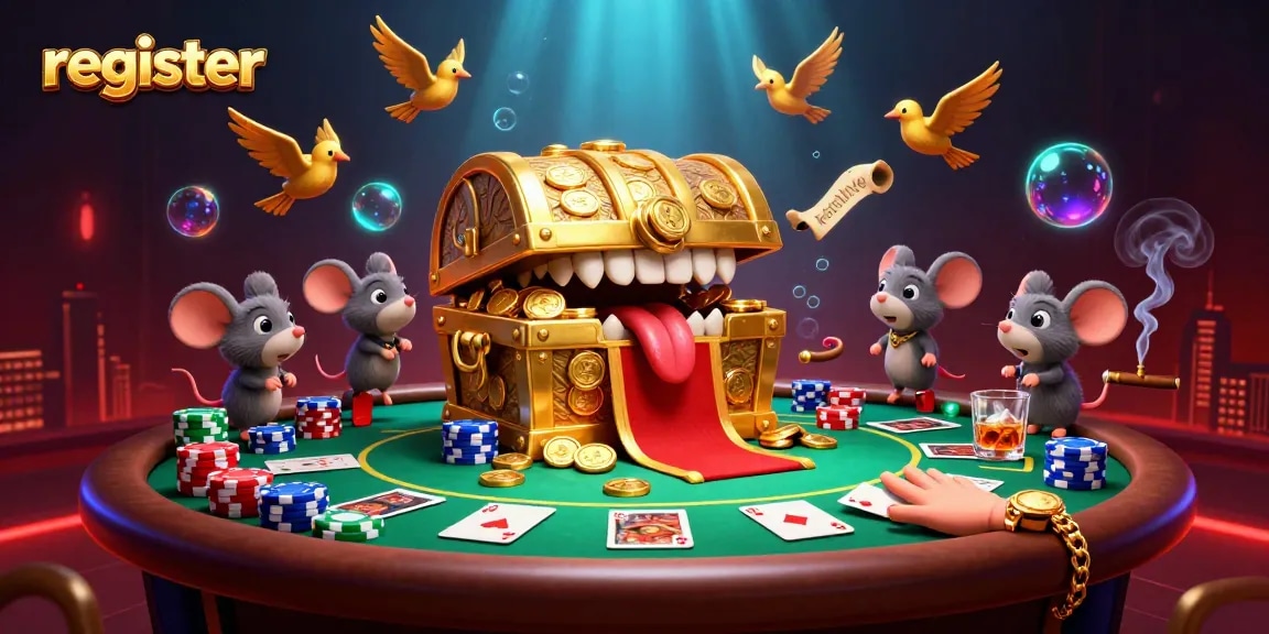 Register for a chance to win at the lively poker table surrounded by treasure.