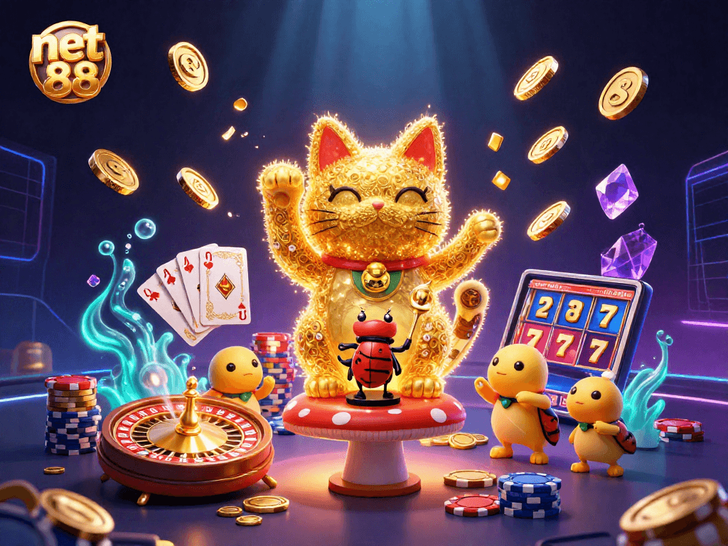 Experience net 88's excitement with golden fireflies and casino symbols in a vibrant 3D scene.