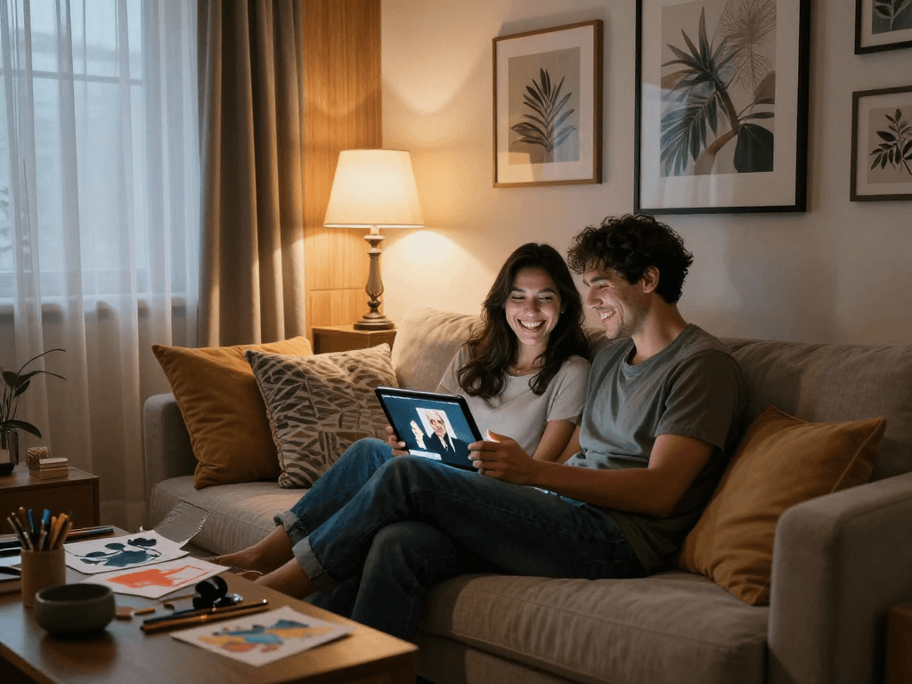 Couple sharing intimate moment over nsfw content in cozy urban living room