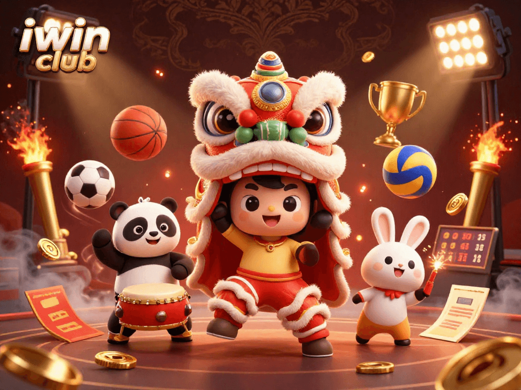 Engage with the vibrant iwin club scene showcasing a lively lion dance surrounded by sports betting elements.