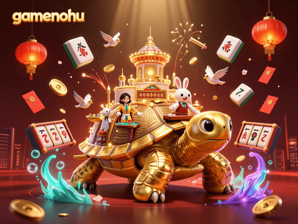 Experience gaming excitement with gamenohu in an ultra-detailed casino scene featuring a golden tortoise and slot reels.
