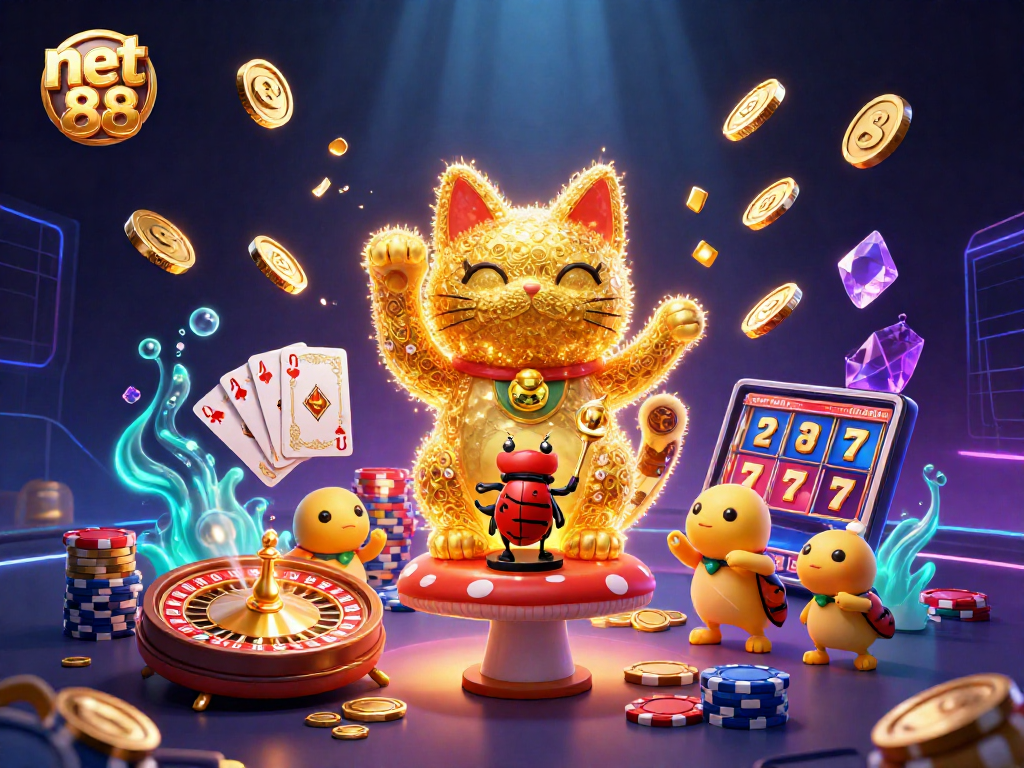Experience net 88's excitement with golden fireflies and casino symbols in a vibrant 3D scene.