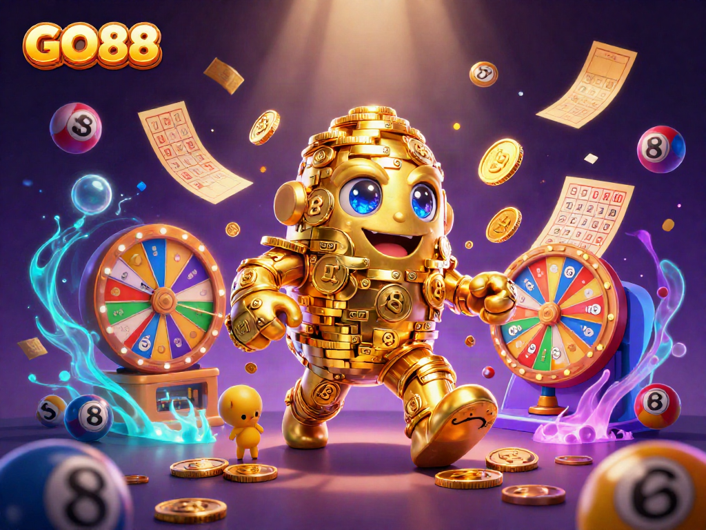 Engage with the vibrant GO88 gaming universe featuring a golden golem amidst dynamic lottery elements.