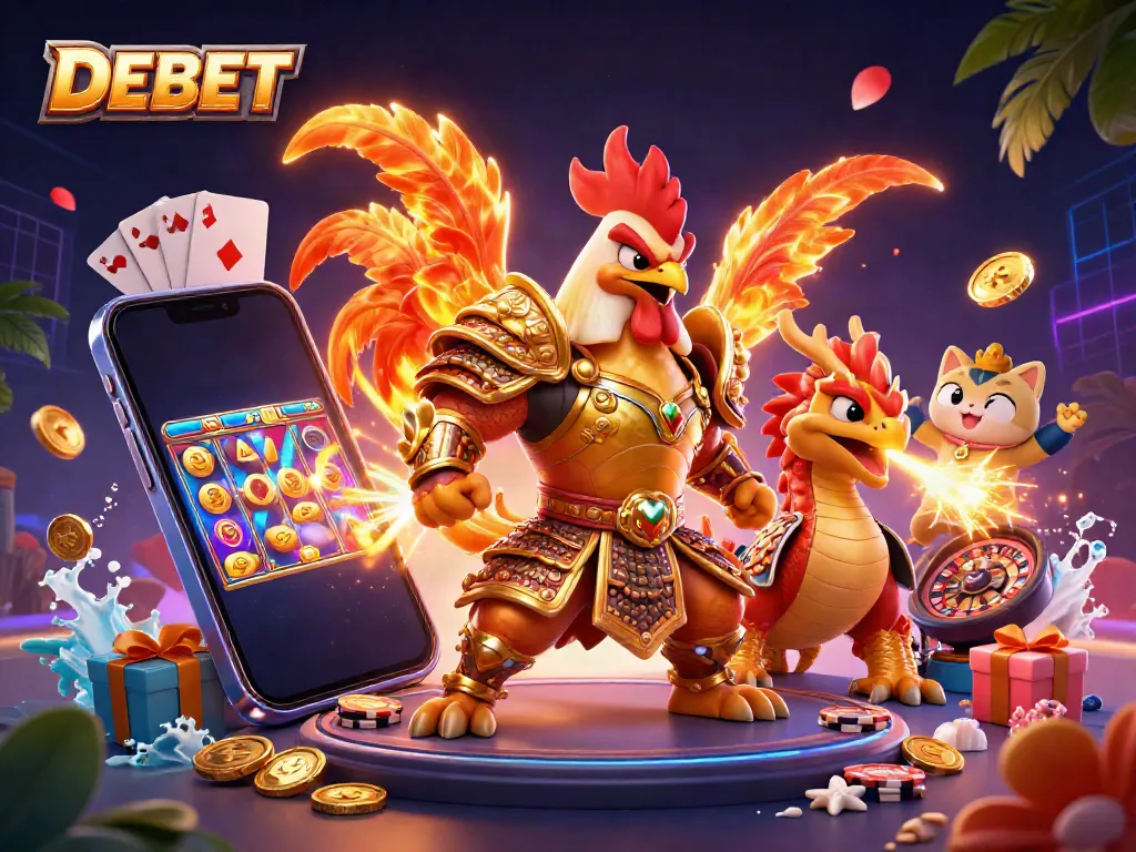 DEBET showcases a dynamic scene with a casino-themed 3D cartoon rooster warrior and dragon, surrounded by vibrant slot game elements.