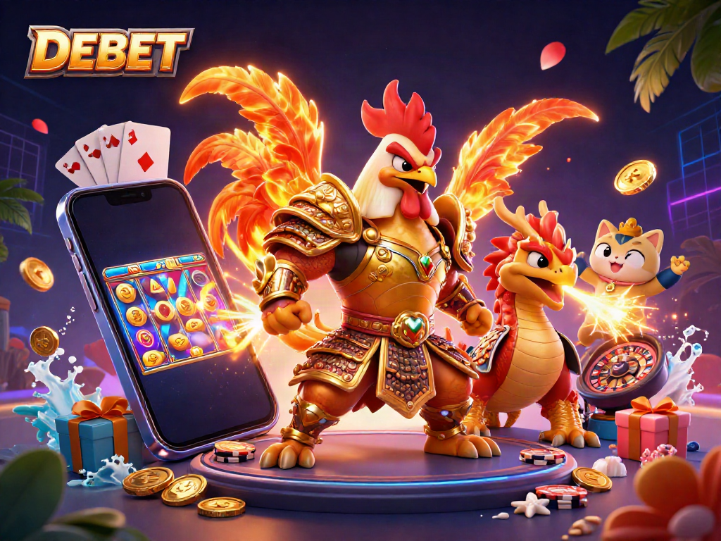 DEBET showcases a dynamic scene with a casino-themed 3D cartoon rooster warrior and dragon, surrounded by vibrant slot game elements.