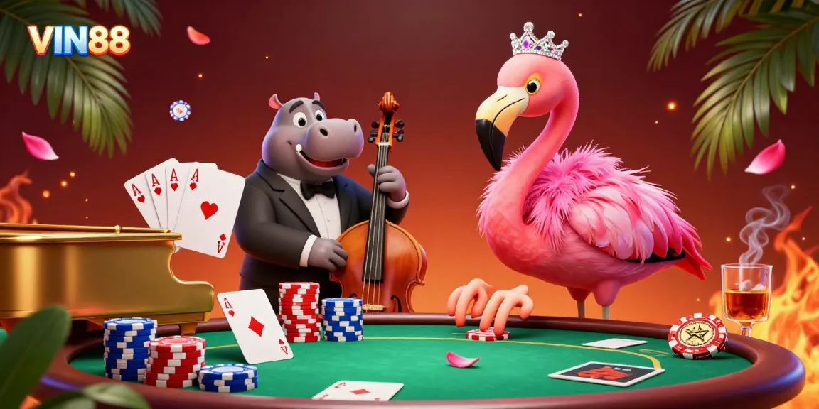 Experience the vibrant world of VIN88 with a casino scene featuring a flamingo singer and hippo bassist amidst dynamic poker elements.
