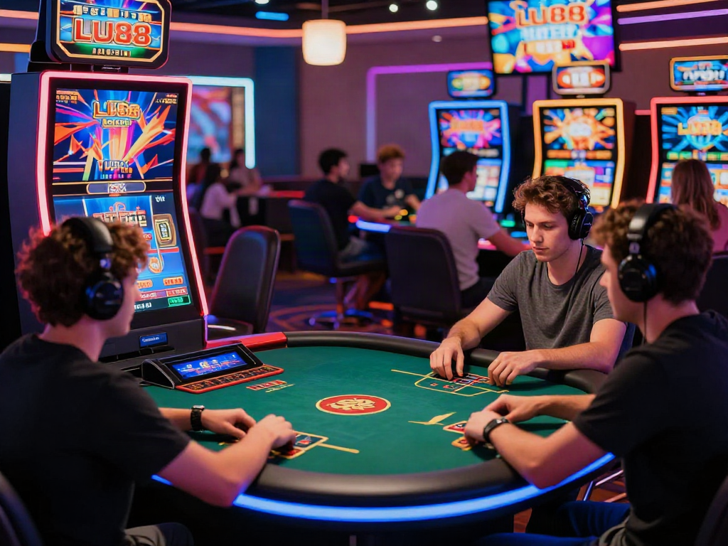 Diverse players enjoying online casino games at LU88, highlighted by colorful lights and interactive screens, showcasing an exciting gaming atmosphere.