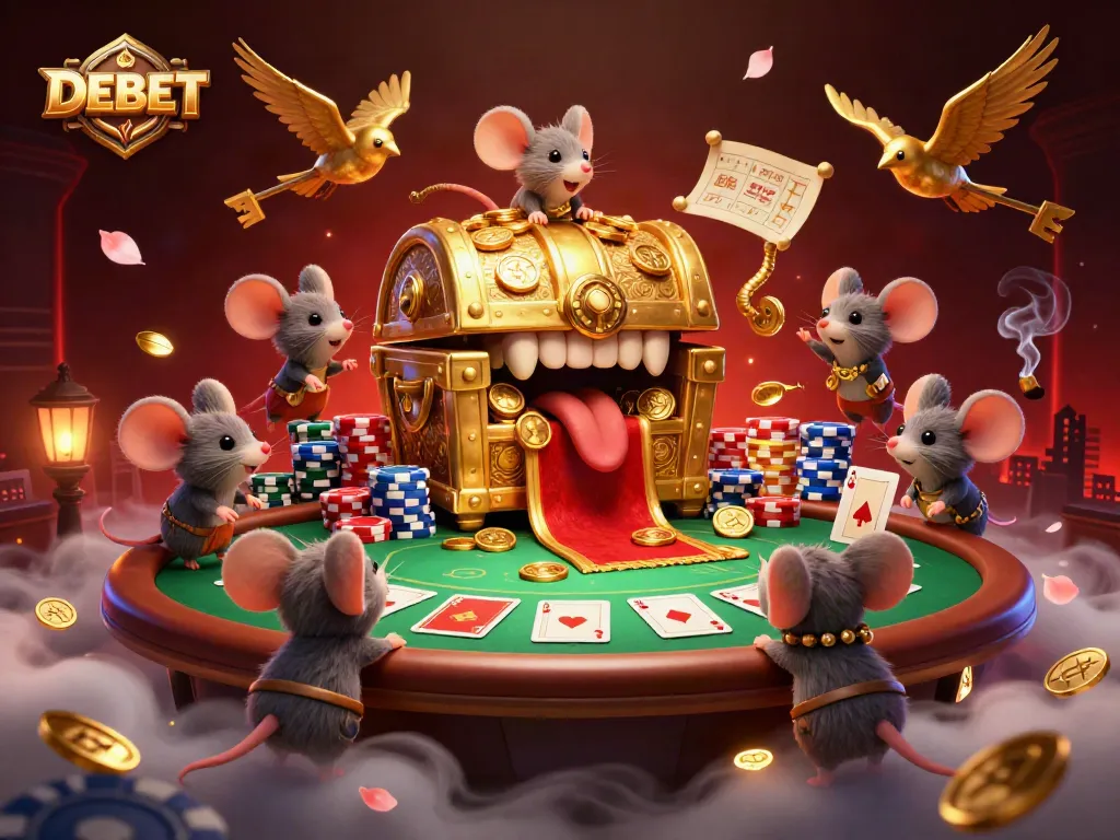 Engage with DEBET for poker action amidst golden treasures and vibrant game elements.