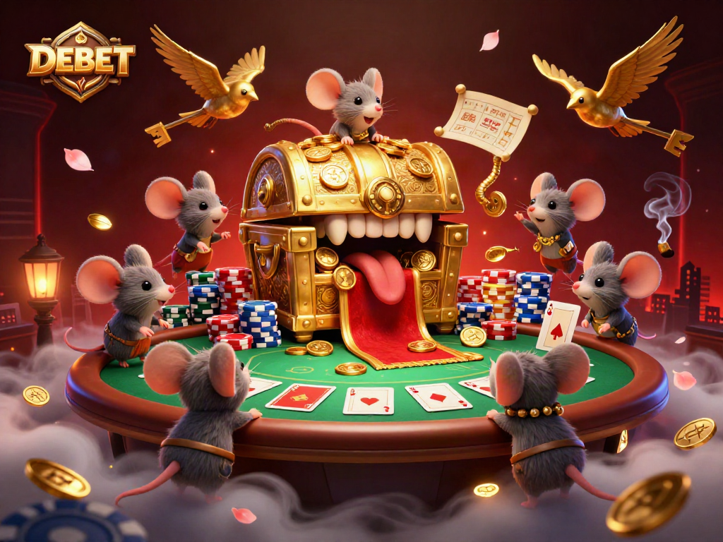 Engage with DEBET for poker action amidst golden treasures and vibrant game elements.
