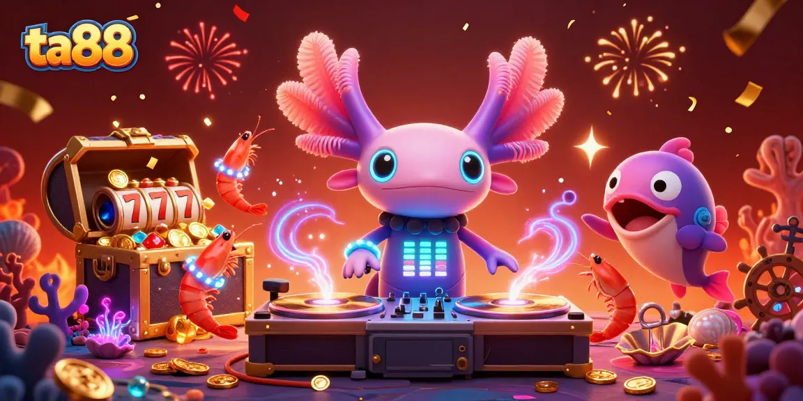 Join the thrilling ta88 casino adventure with a neon axolotl DJ under a vibrant underwater party.