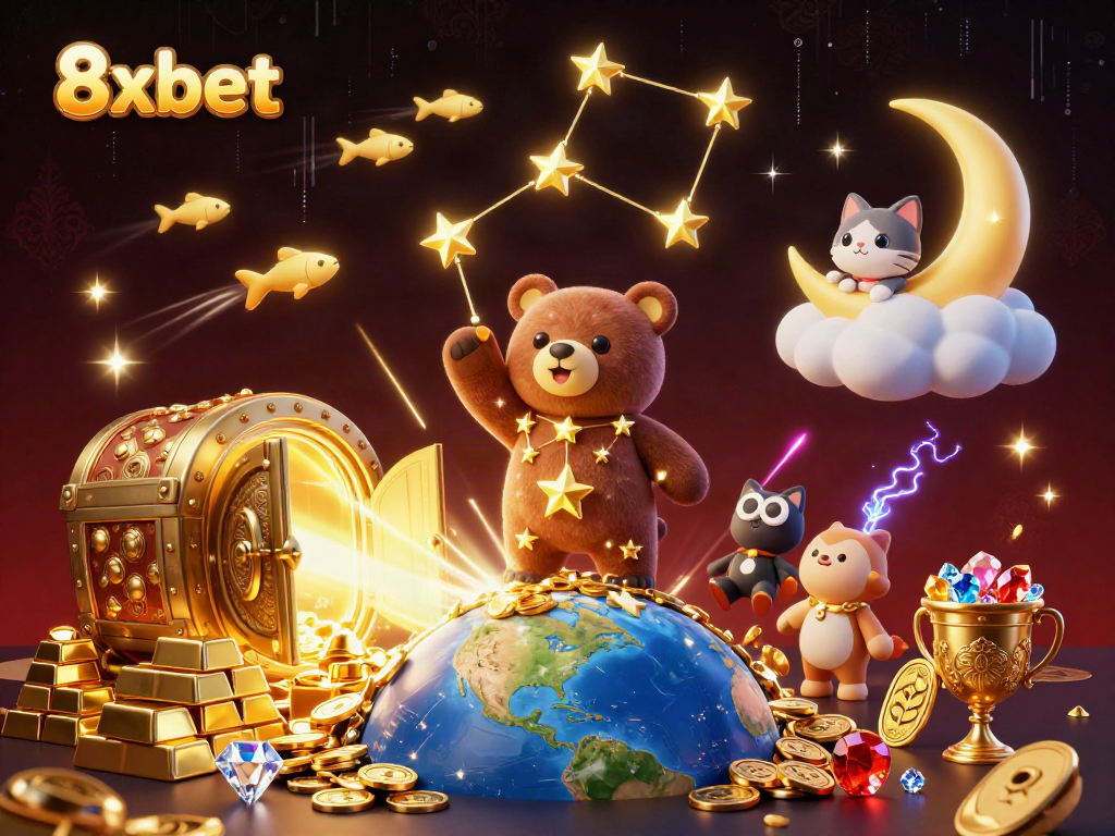 Experience winning moments with 8xbet, featuring treasure-filled visuals of casino excitement.