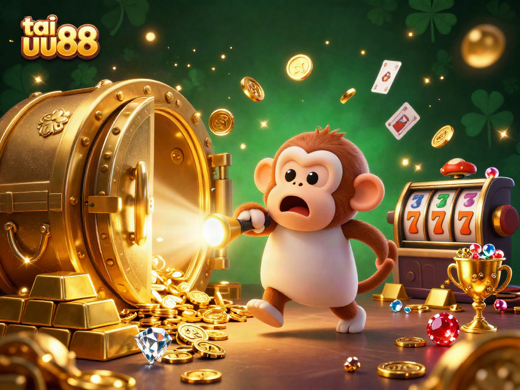 Engage with tải uu88 as the playful poltergeist monkey juggles casino treasures in a vibrant scene.