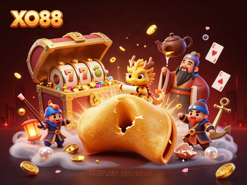 Immerse in the thrilling world of XO88, featuring a golden fortune cookie scene filled with symbols of luck and wealth.