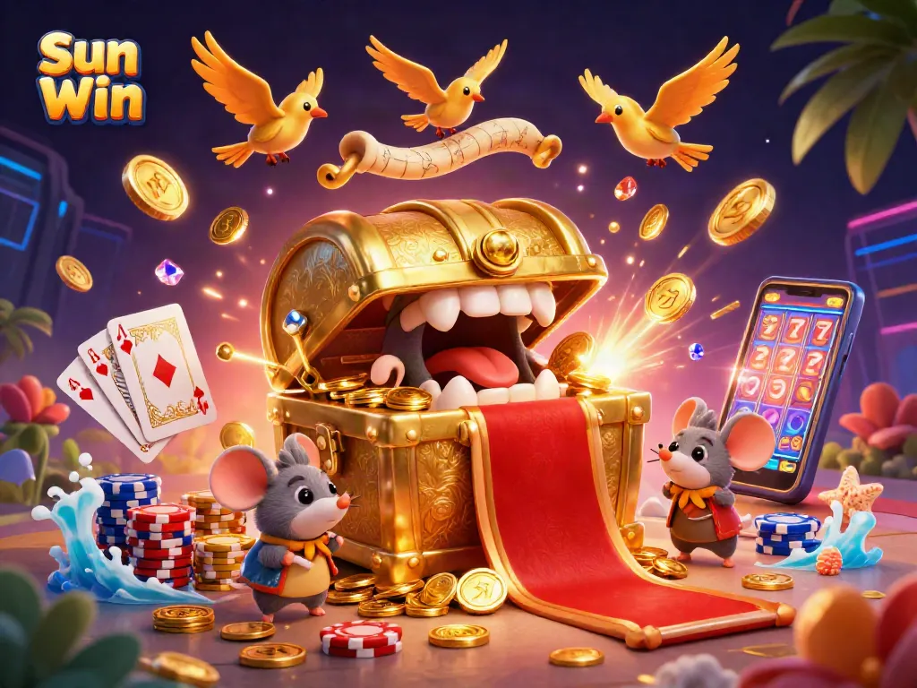 Engage in thrilling games at Sun Win, showcasing a vibrant digital casino scene filled with treasures and excitement.