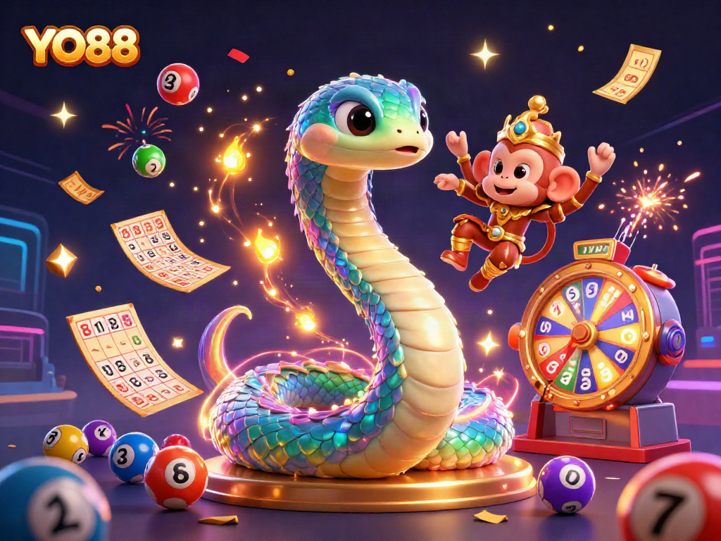 Join the excitement at YO88 with a vibrant 3D display of games, colorful lottery balls, and magical elements.
