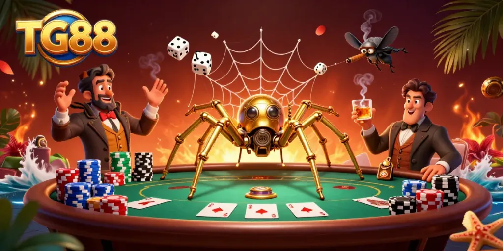 Engage with TG88's vibrant casino scene featuring a steampunk spider and poker elements.