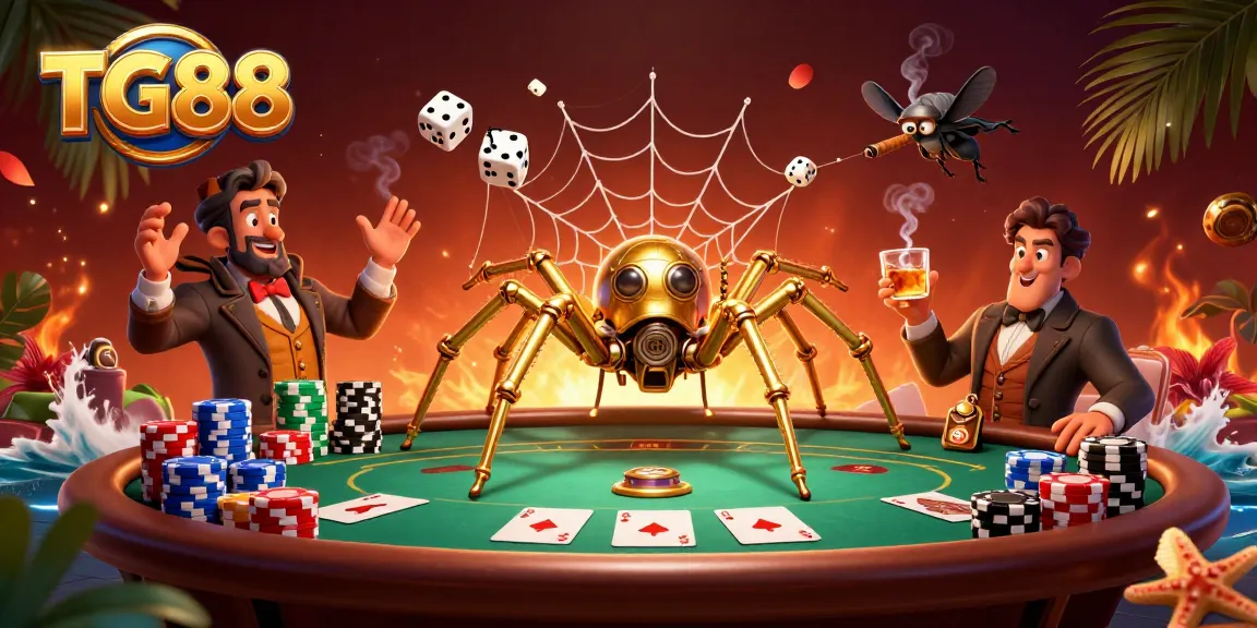 Engage with TG88's vibrant casino scene featuring a steampunk spider and poker elements.