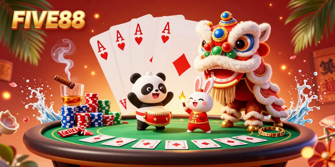 Engage with the exciting atmosphere at FIVE88 with festive characters and vibrant gaming elements.