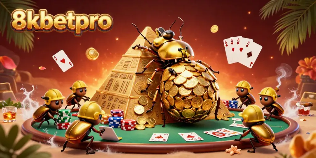 Experience vibrant gameplay with 8xbetpro as a golden beetle rolls coins in this casino-themed illustration.