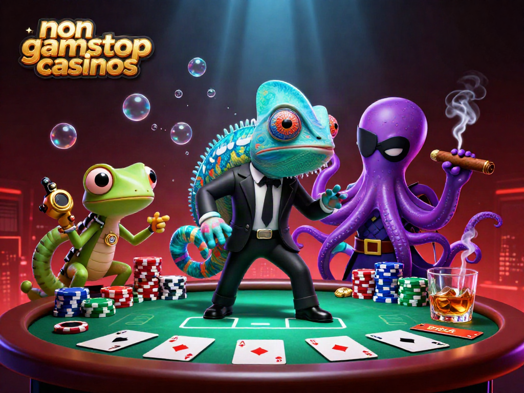 Play at non gamstop casinos featuring a secret agent chameleon and poker action in a dynamic scene.