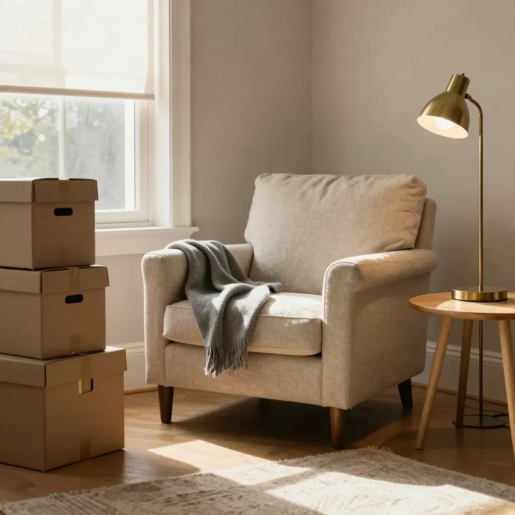 Cozy living room corner with armchair, fewer moving boxes and open shade in sunlight.