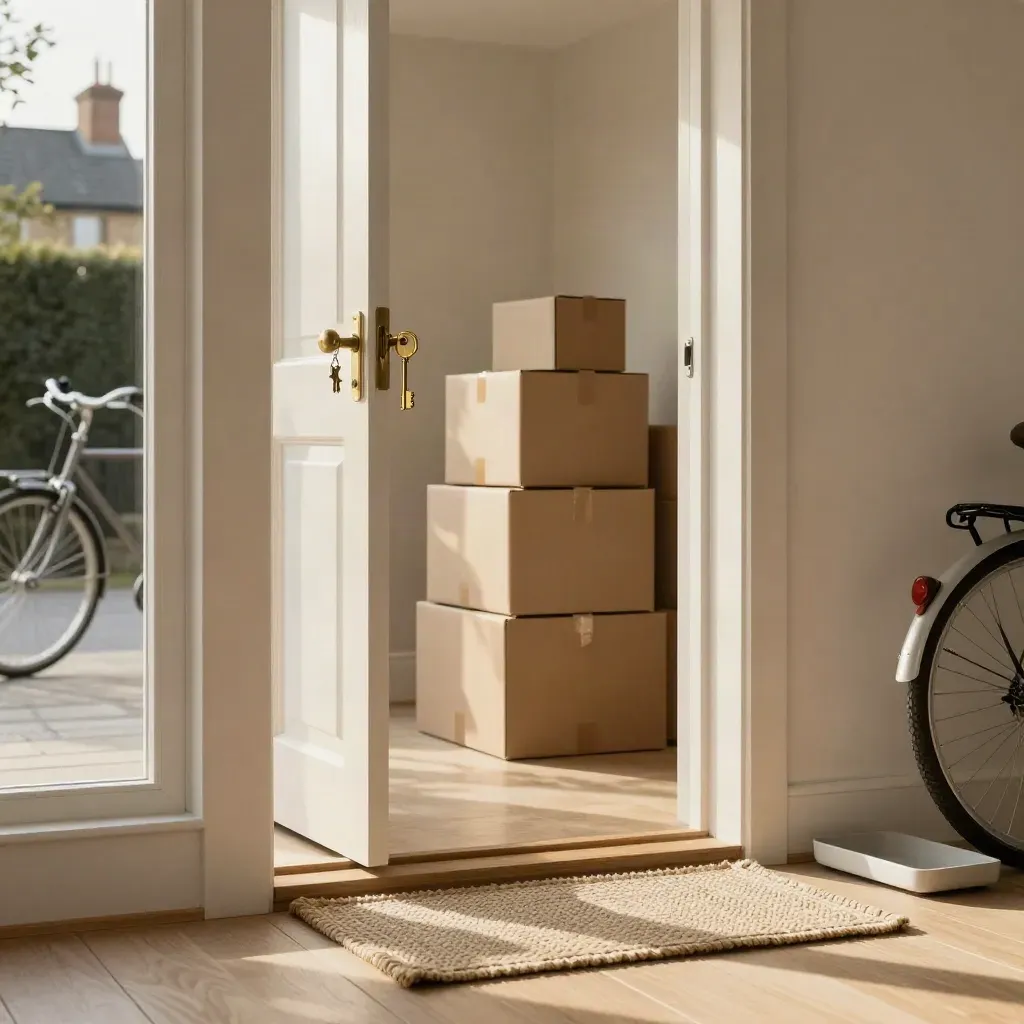 Terraced-house threshold with boxes, brass key in the lock, and a bicycle softly blurred outside.