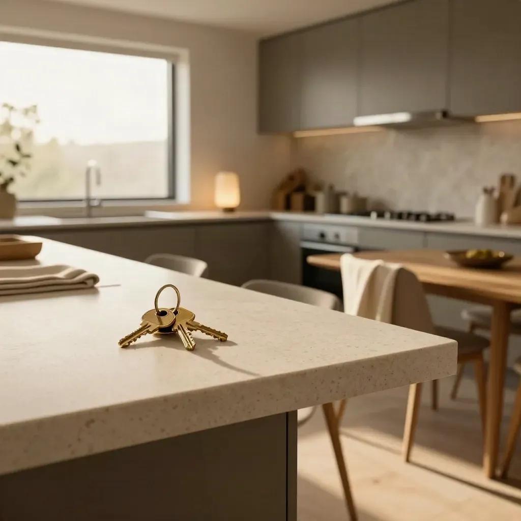 Tenant-ready rental flat kitchen with keys, brass lamp and folded throw in late afternoon light.