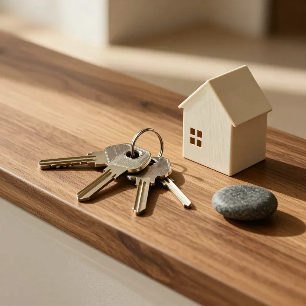 Top-down hallway still life with three keys, a wooden house model, and a dark pebble on a warm ledge.