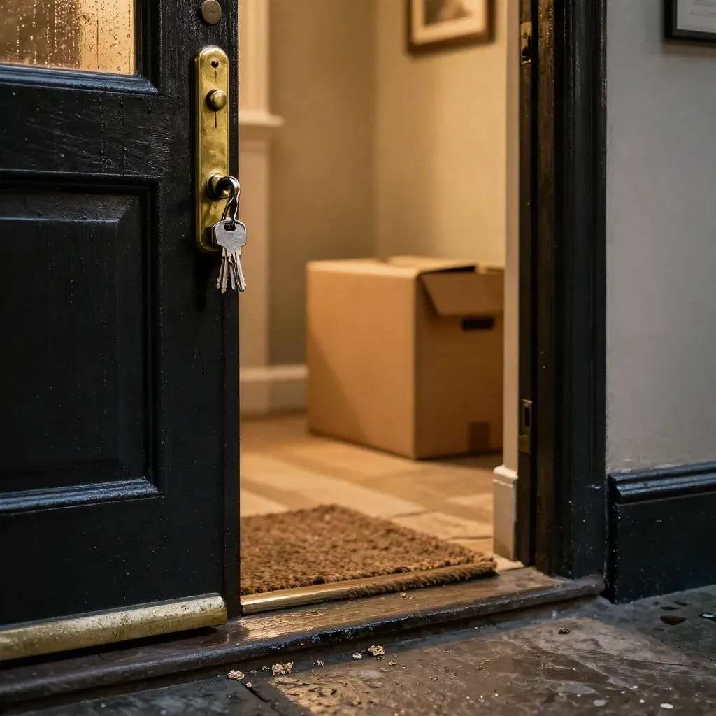 Keys in a Victorian terrace door lock by a new mat, with a box inside and dusk rain glow.