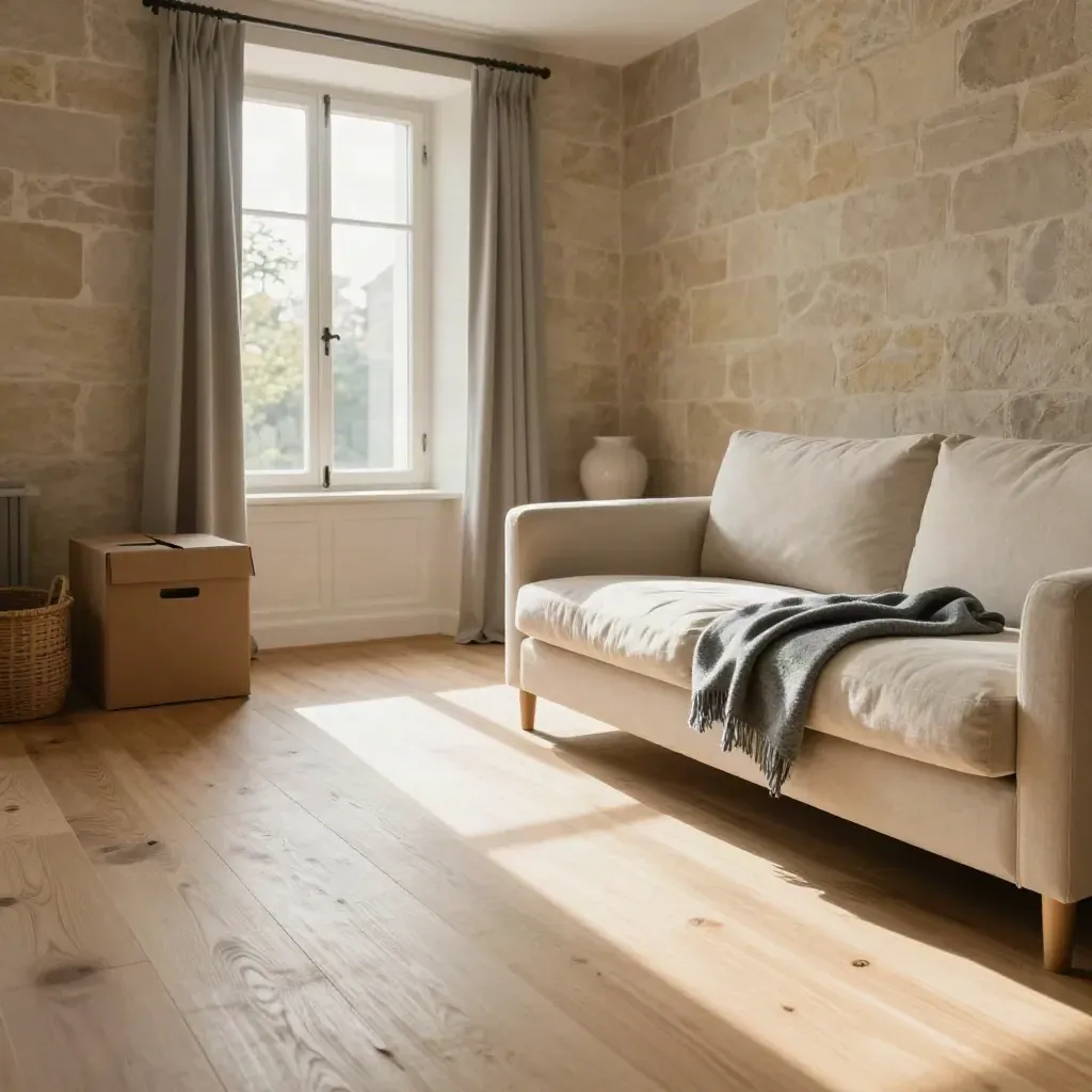 Sunlit semi-detached lounge with open window, calm sofa, and one folded moving box.