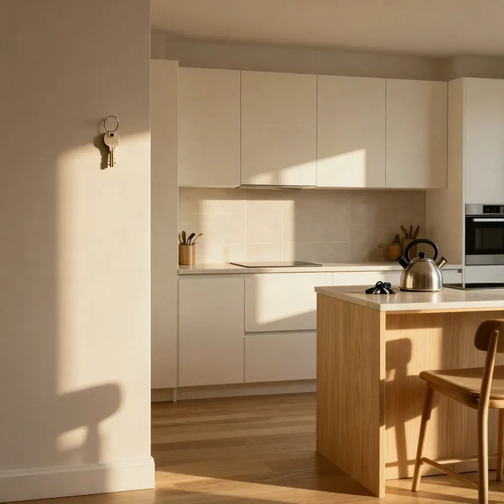 Finished apartment kitchen with keys, kettle and a tucked-in chair in dramatic light