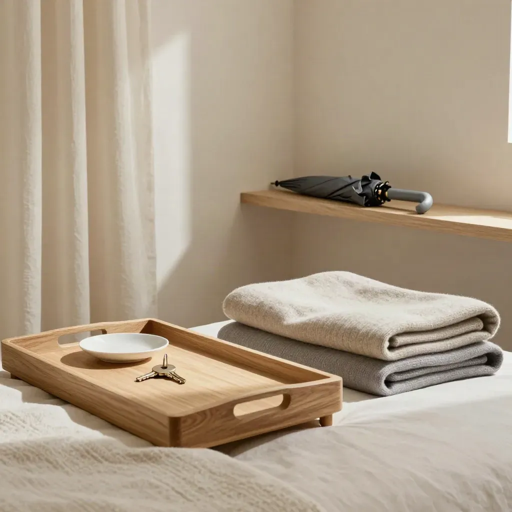 Bedroom corner with folded throws, umbrella on shelf and key tray in soft daylight.