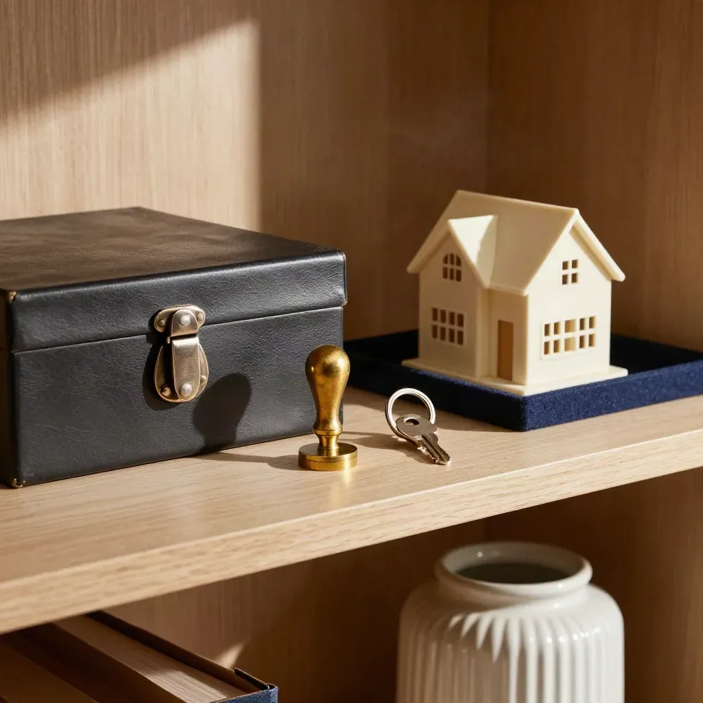 Archive box, brass stamp, key fob and house model in a home office corner.