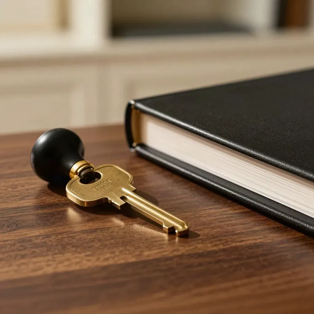 Brass key, address stamp and closed mortgage case file on dark walnut with hard side light.