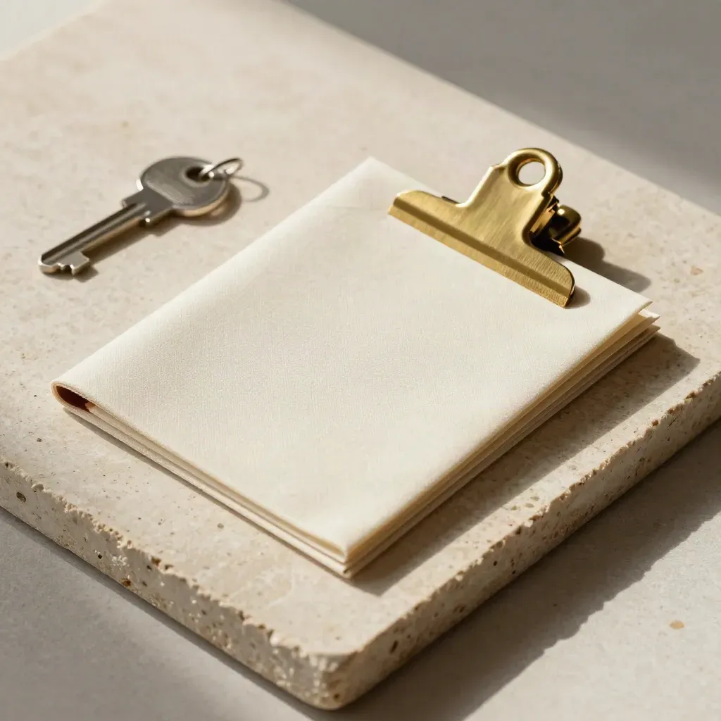 Overhead close-up of a cream folder, brass clip and key ring on pale stone.
