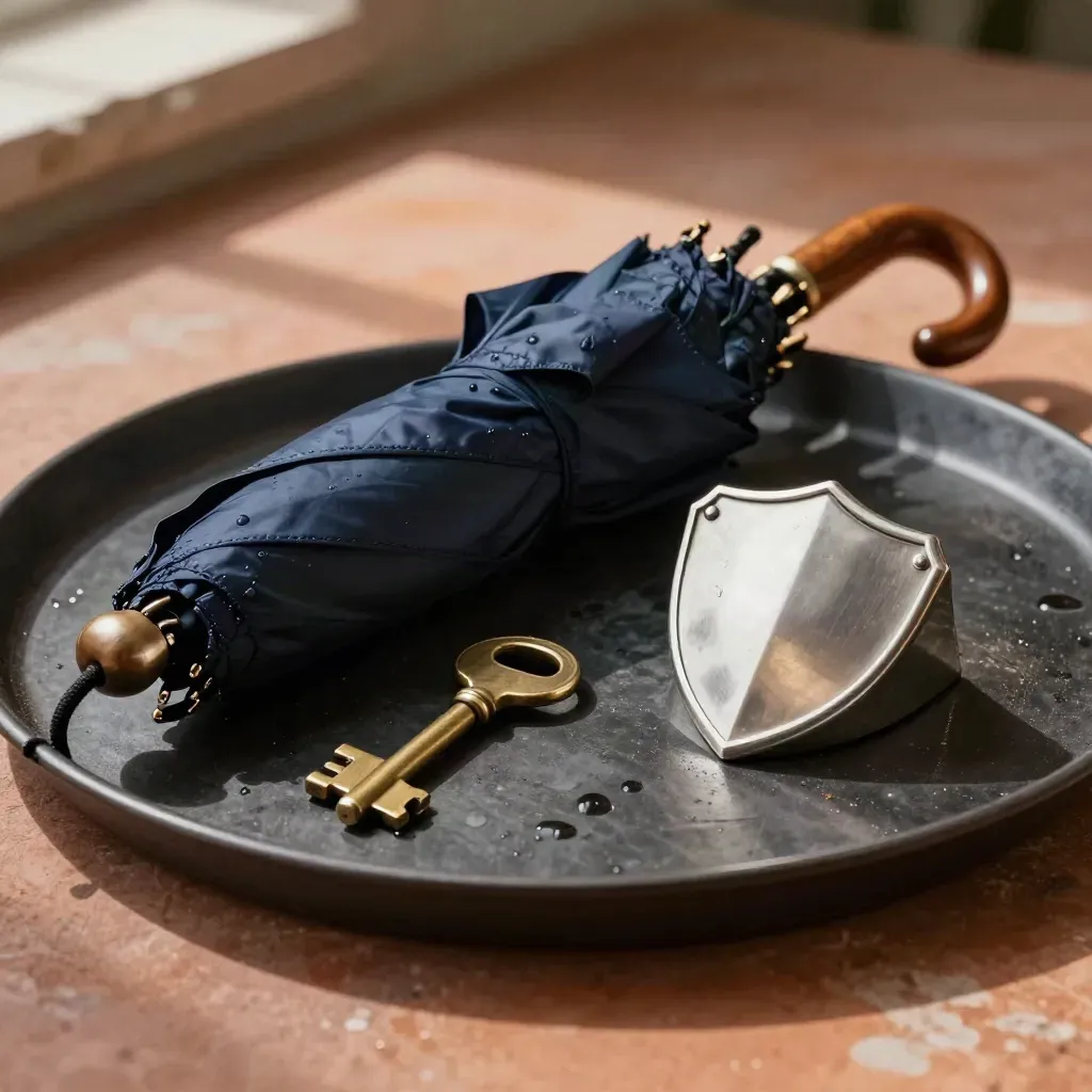 Umbrella, house key and shield paperweight on a dark tray in a premium mortgage still life.