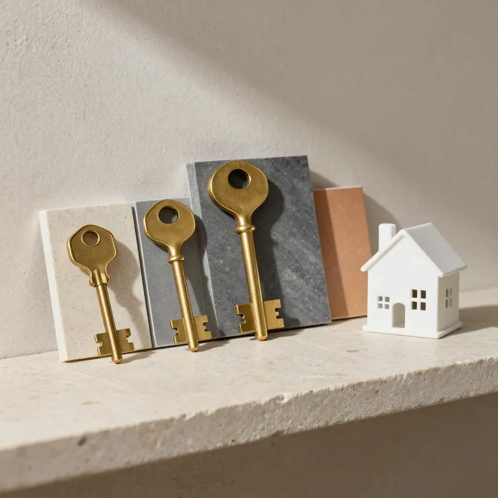Brass keys, sample tiles, and a tiny house model on a stone shelf in soft side light.