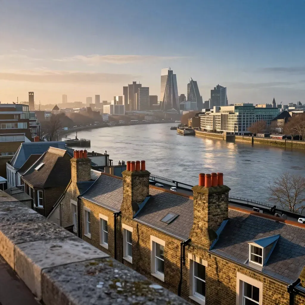 Hazy elevated London roofs and river bend with skyline high above calm stone foreground.