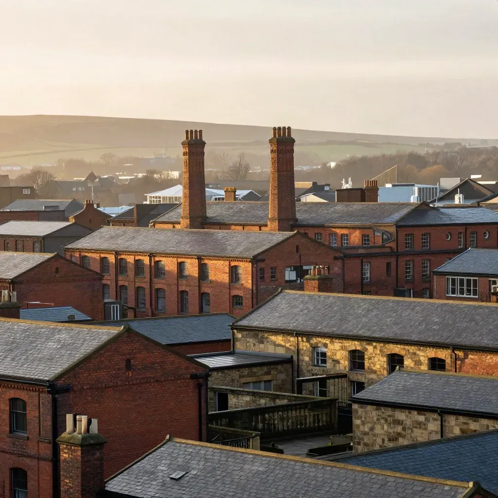 Red-brick Manchester warehouses above a hazy slate roofscape and distant hills at sunset.