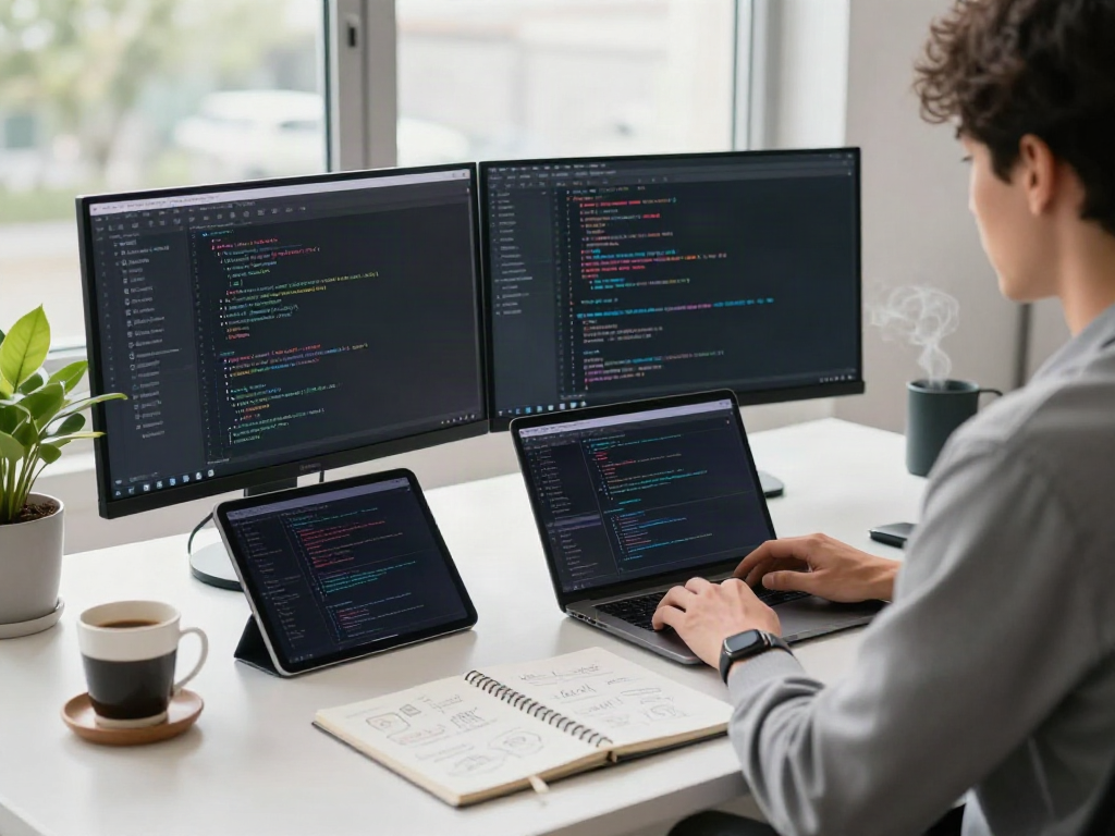 Developer using instant indexing tools in a modern tech workspace with dual monitors.