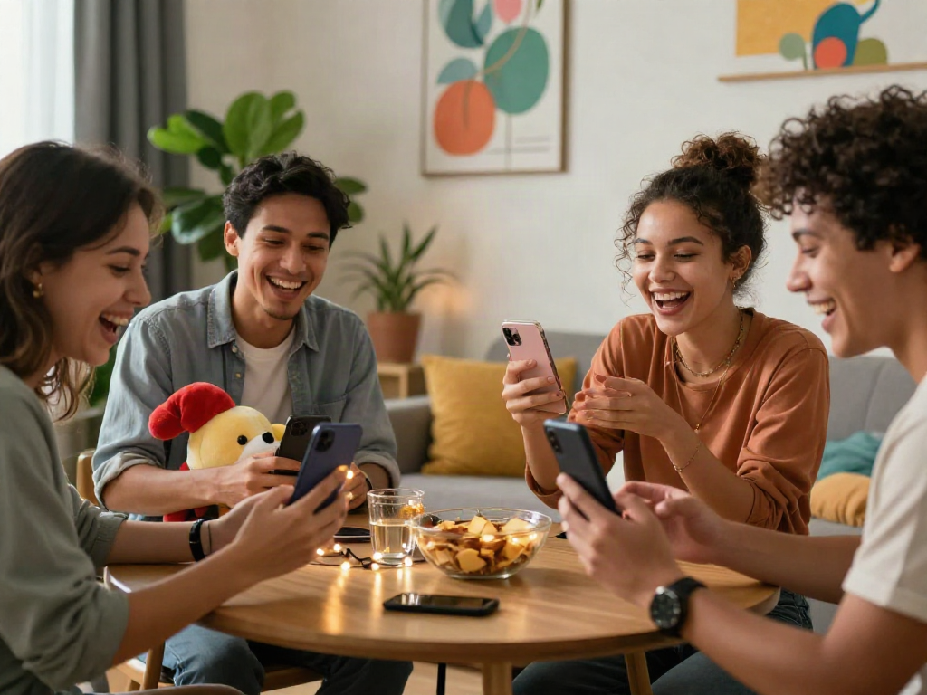 Friends enjoying a spicychat video call in a cozy living room.