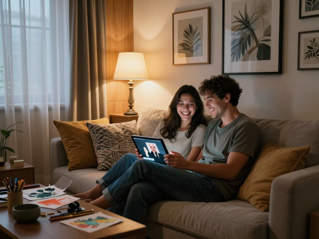 Couple sharing intimate moment over nsfw content in cozy urban living room