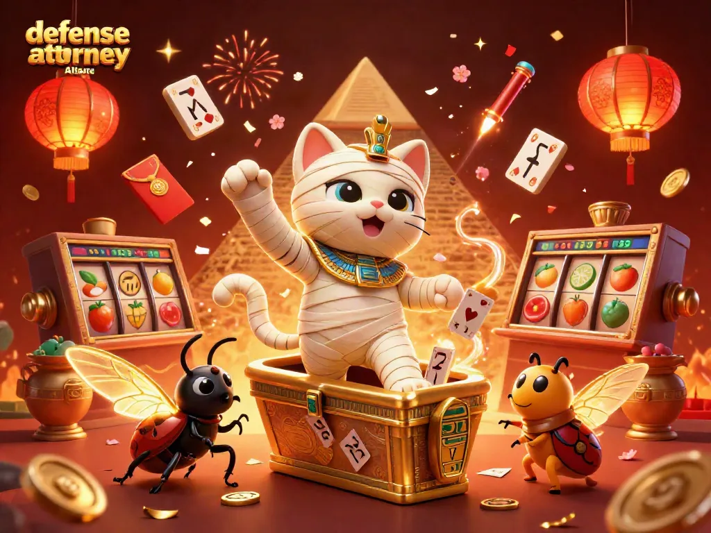 Engaging scene illustrating defense attorney Atlanta with a cartoon mummy cat and gambling elements.