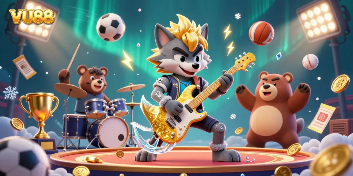 Experience exciting gameplay at VU88 where a cartoon rock star wolf and drummer bear energize the casino stage.