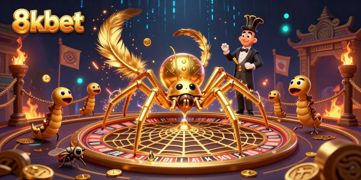Experience thrill with 8xbet as a golden spider spins a roulette web surrounded by vibrant casino elements.