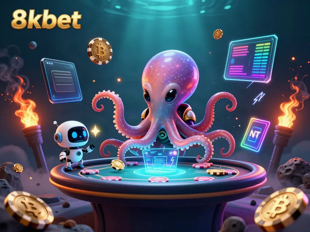 Engage with thrilling poker games at 8xbet, featuring a dynamic alien octopus and robot companions.