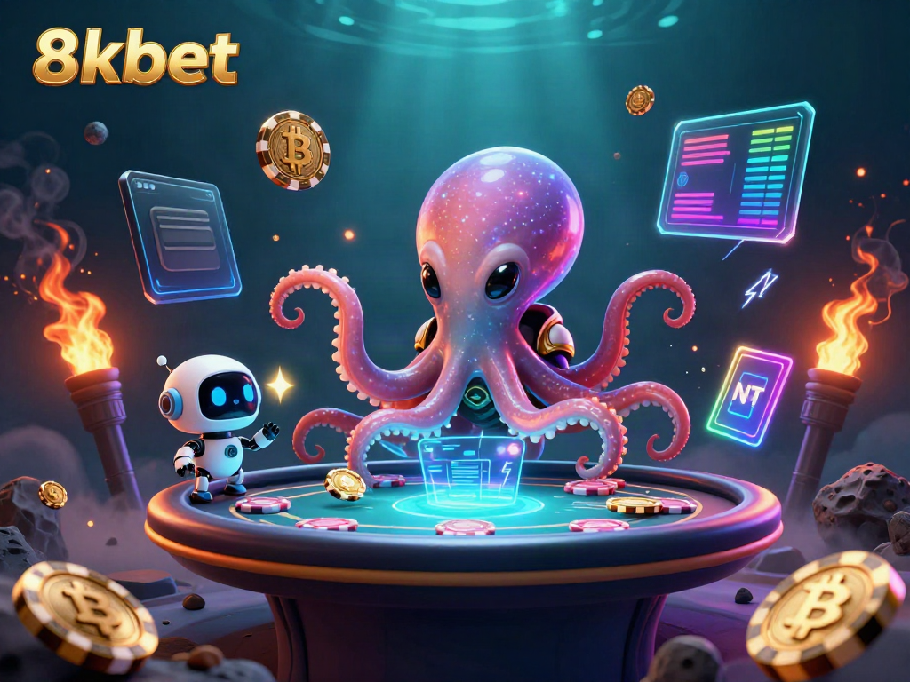 Engage with thrilling poker games at 8xbet, featuring a dynamic alien octopus and robot companions.