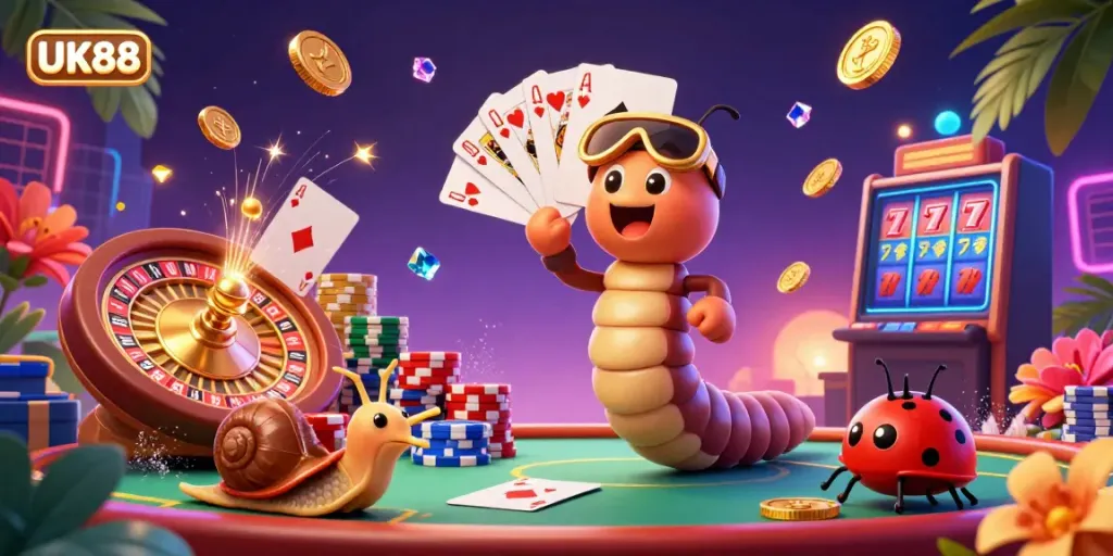 Experience ultimate gaming excitement at UK88 with vibrant casino characters and action-packed elements.