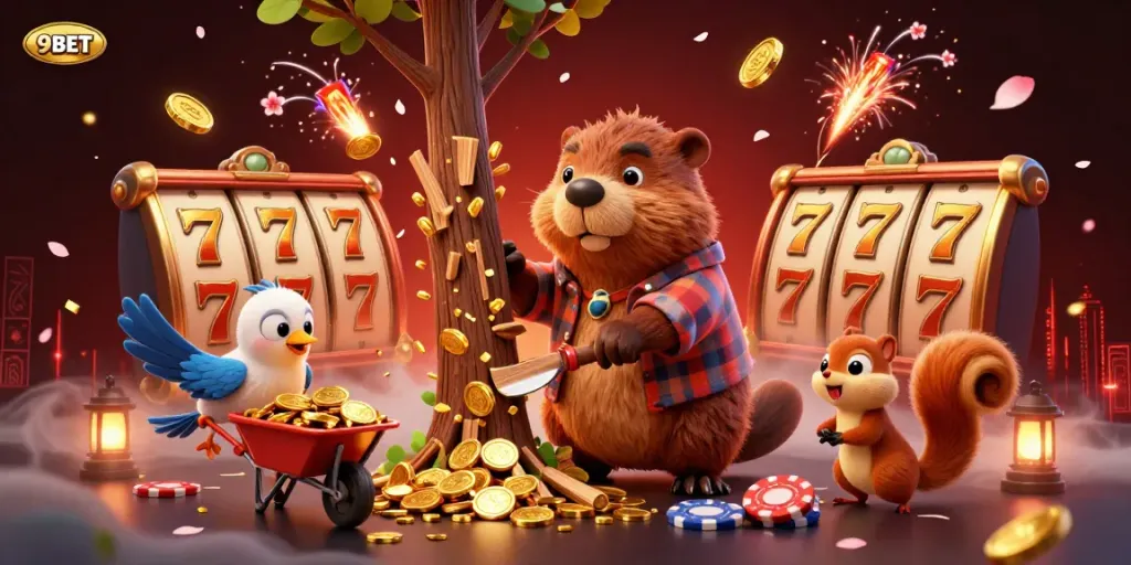 Experience exciting gaming fun with 9BET, featuring a cheerful beaver and dynamic gambling elements.