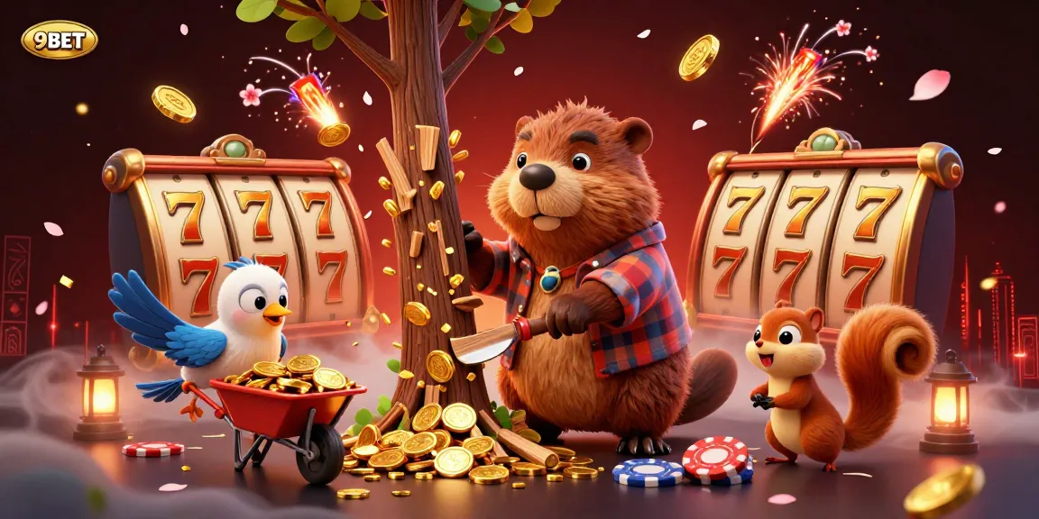 Experience exciting gaming fun with 9BET, featuring a cheerful beaver and dynamic gambling elements.